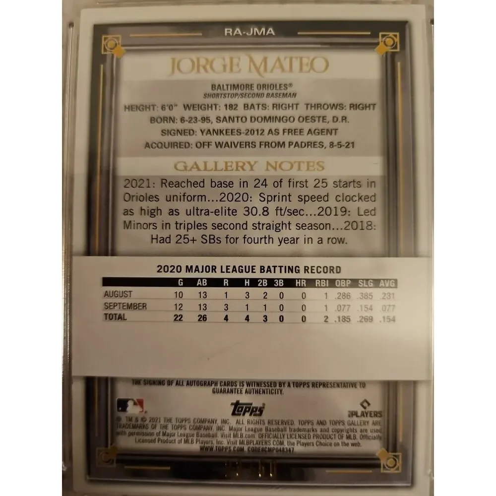 2021 Topps Gallery Rookie Auto Jorge‎ Mateo # RA-JMA Baltimore Orioles RC #23/25
